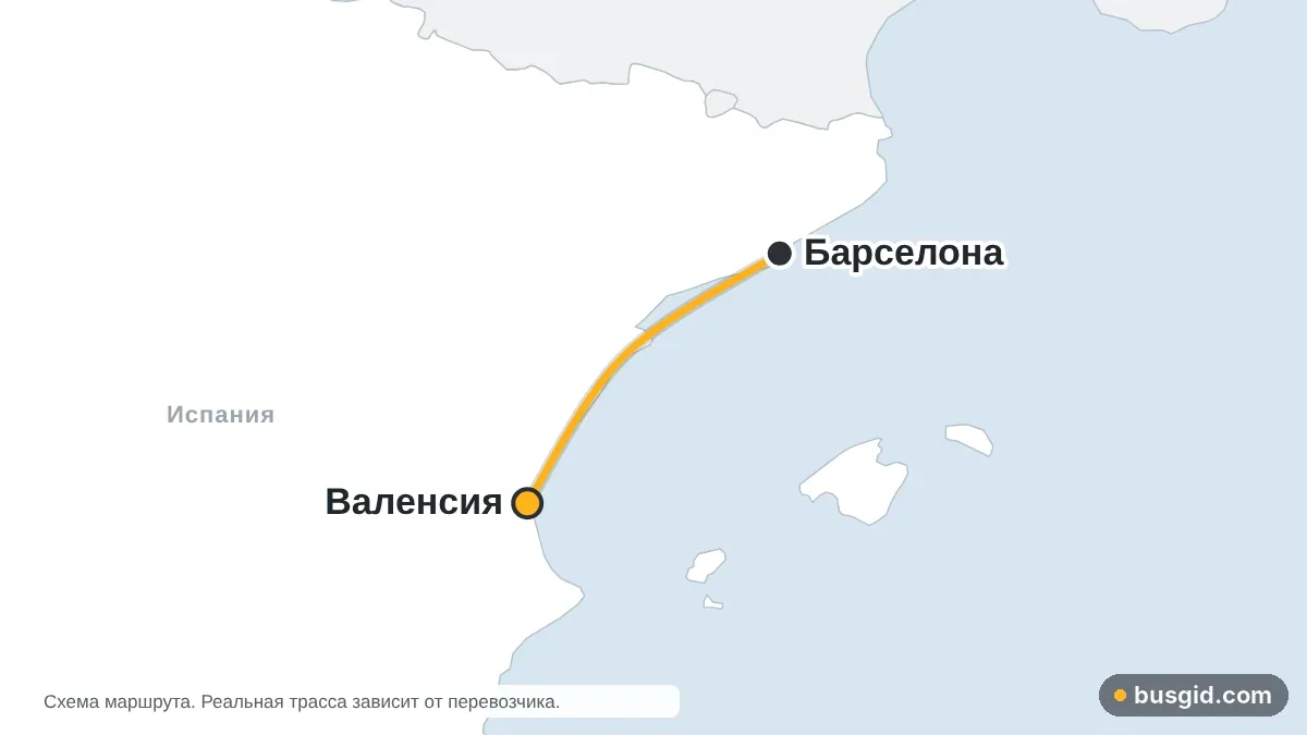 Карта автобусного маршрута Барселона – Валенсия: Испания и Испания