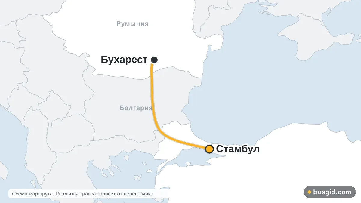 Карта автобусного маршрута Бухарест — Стамбул: Румыния и Турция