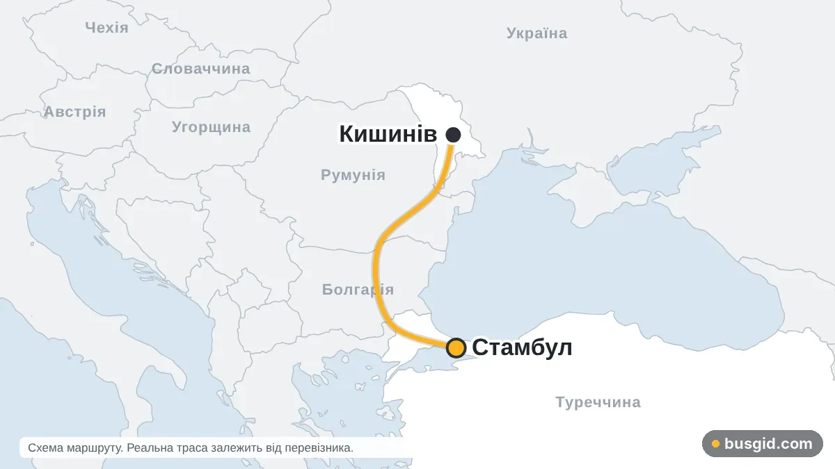Карта автобусного маршруту Кишинів — Стамбул: Молдова і Туреччина