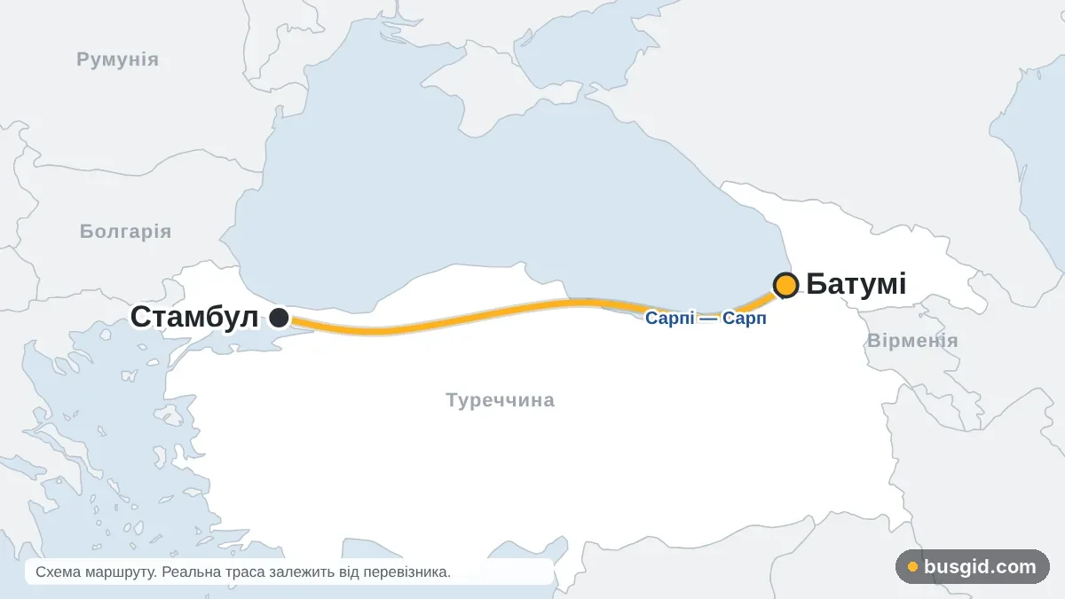 Карта автобусного маршруту Стамбул — Батумі через пункт пропуску Сарпі — Сарп: Туреччина і Грузія