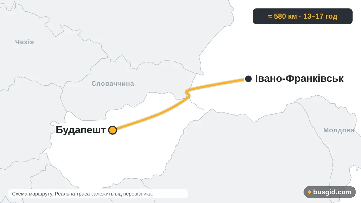 Карта автобусного маршруту Івано-Франківськ – Будапешт: Україна і Угорщина