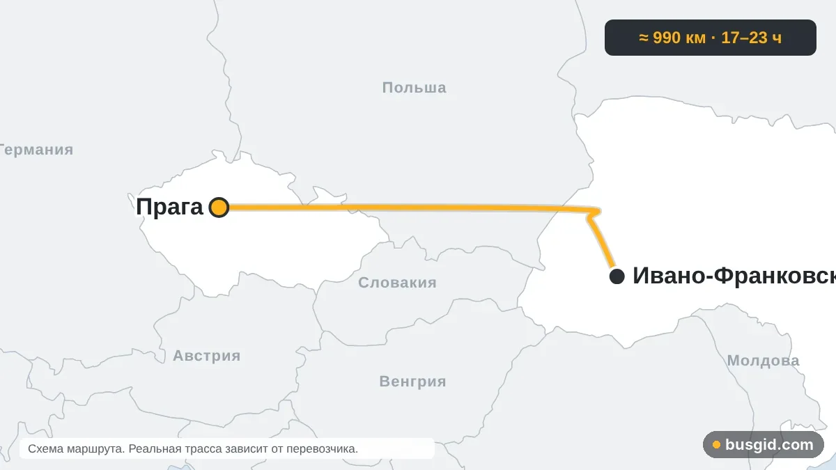 Карта автобусного маршрута Ивано-Франковск — Прага: Украина и Чехия