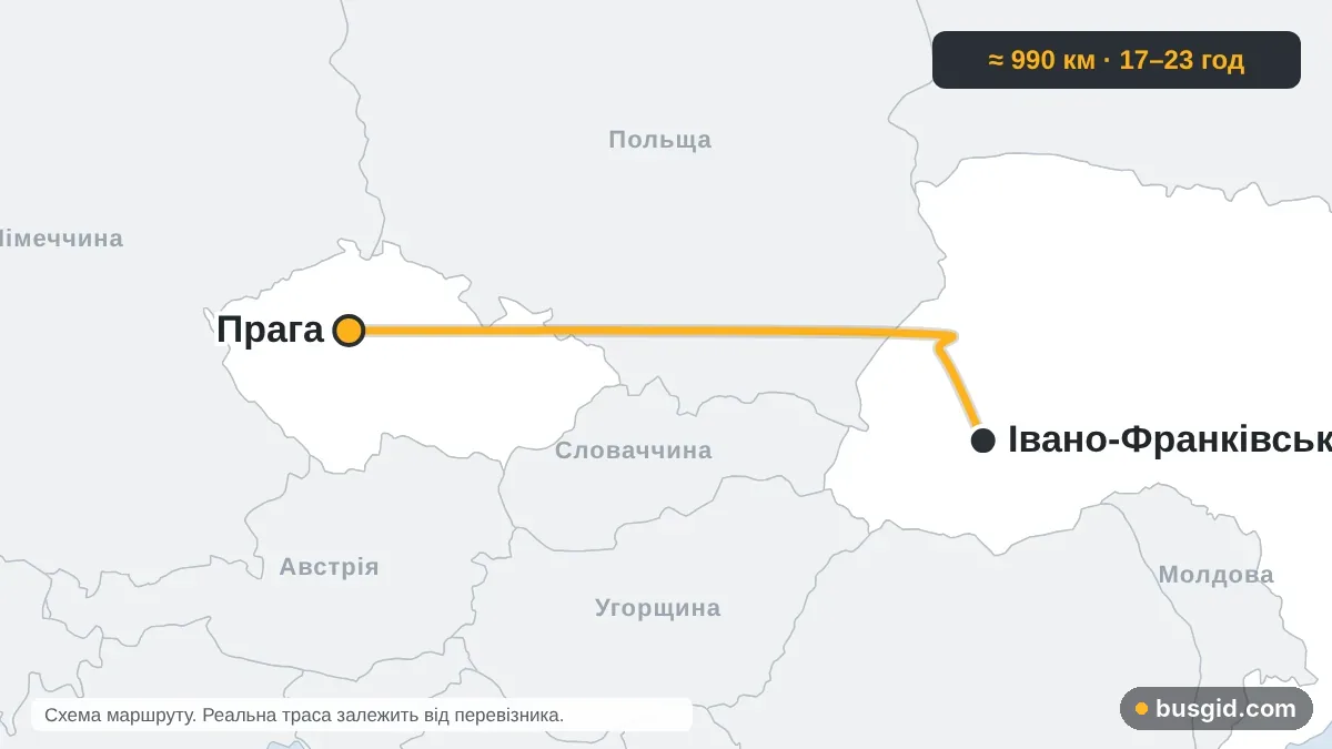 Карта автобусного маршруту Івано-Франківськ — Прага: Україна і Чехія