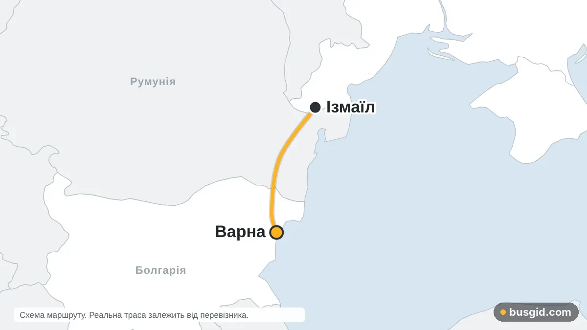 Карта автобусного маршруту Ізмаїл – Варна: Україна і Болгарія
