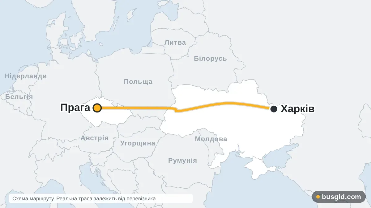 Карта автобусного маршруту Харків — Прага: Україна і Чехія