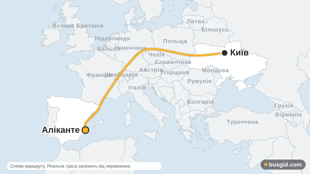 Карта автобусного маршруту Київ – Аліканте: Україна і Іспанія