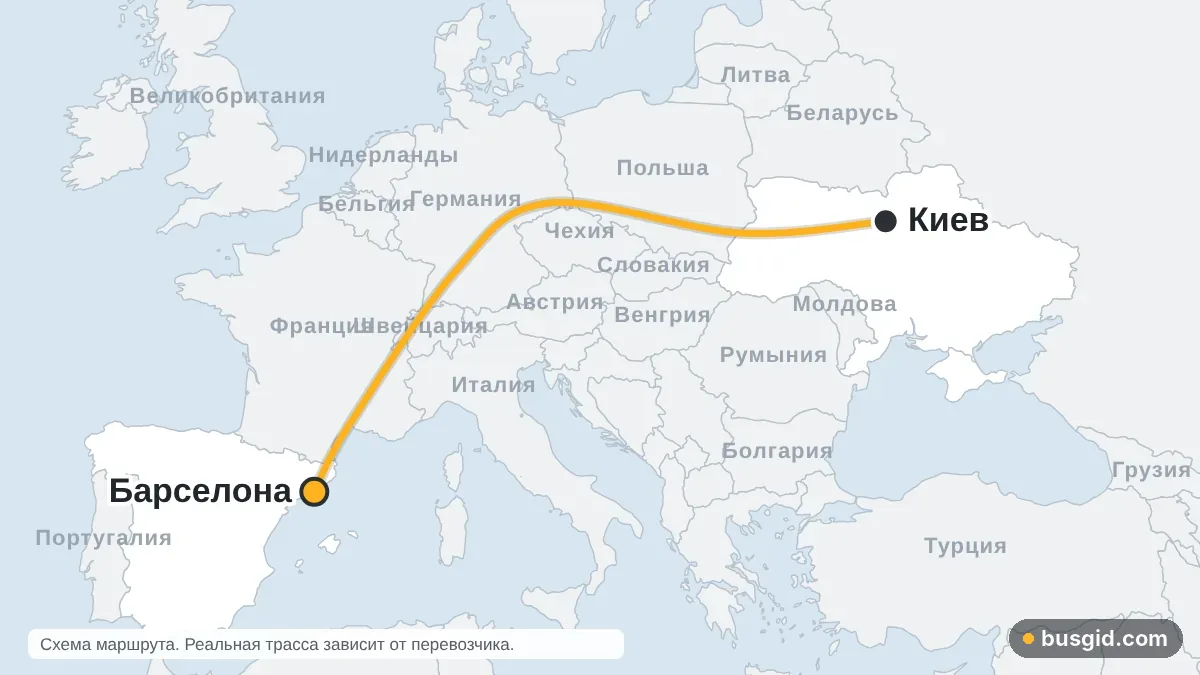 Карта автобусного маршрута Киев – Барселона: Украина и Испания