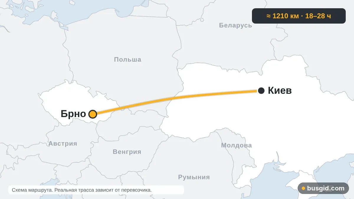 Карта автобусного маршрута Киев — Брно: Украина и Чехия