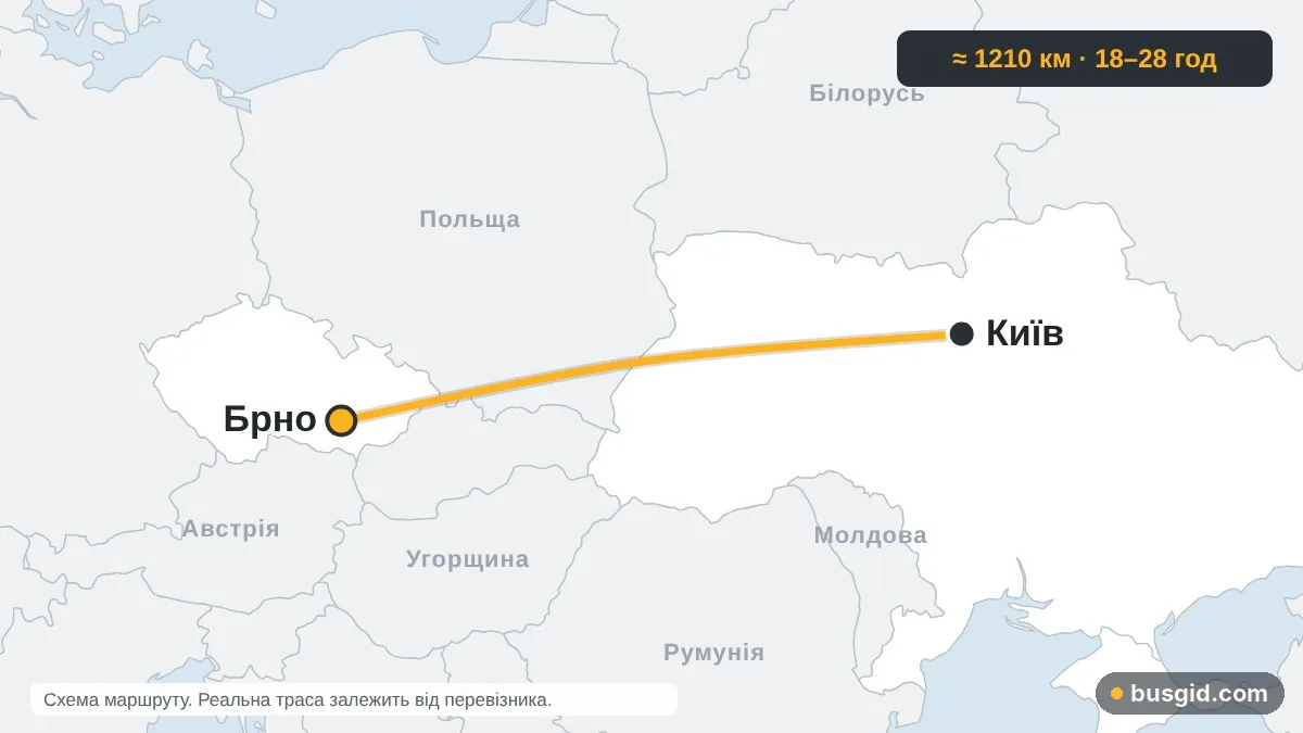 Карта автобусного маршруту Київ — Брно: Україна і Чехія