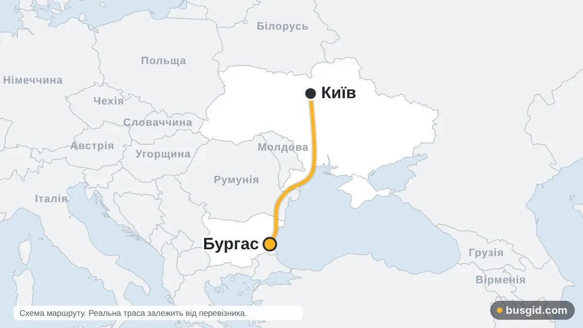 Карта автобусного маршруту Київ – Бургас: Україна і Болгарія