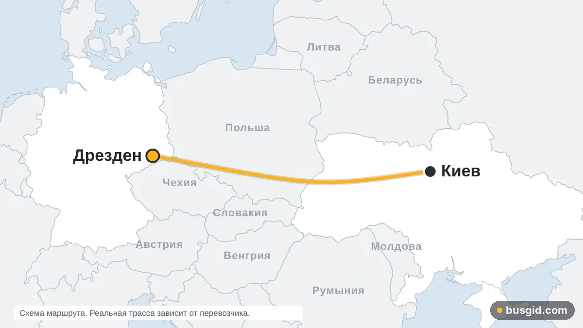 Карта автобусного маршрута Киев — Дрезден: Украина и Германия