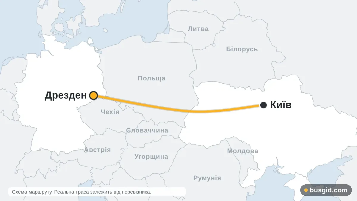 Карта автобусного маршруту Київ — Дрезден: Україна і Німеччина