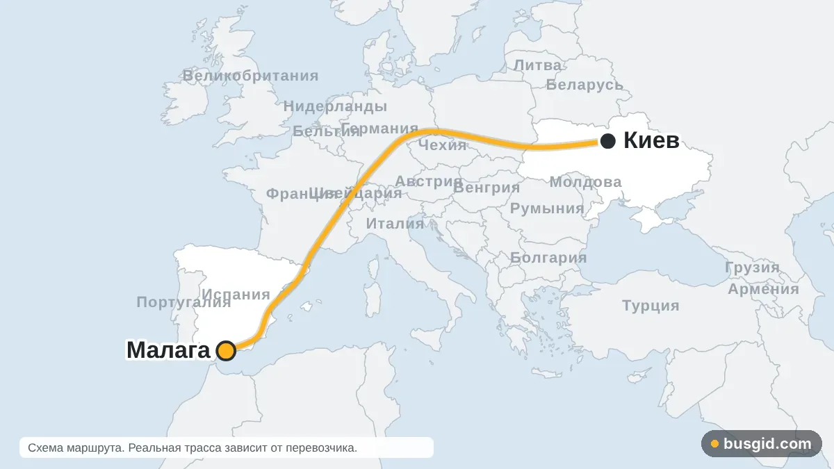 Карта автобусного маршрута Киев – Малага: Украина и Испания