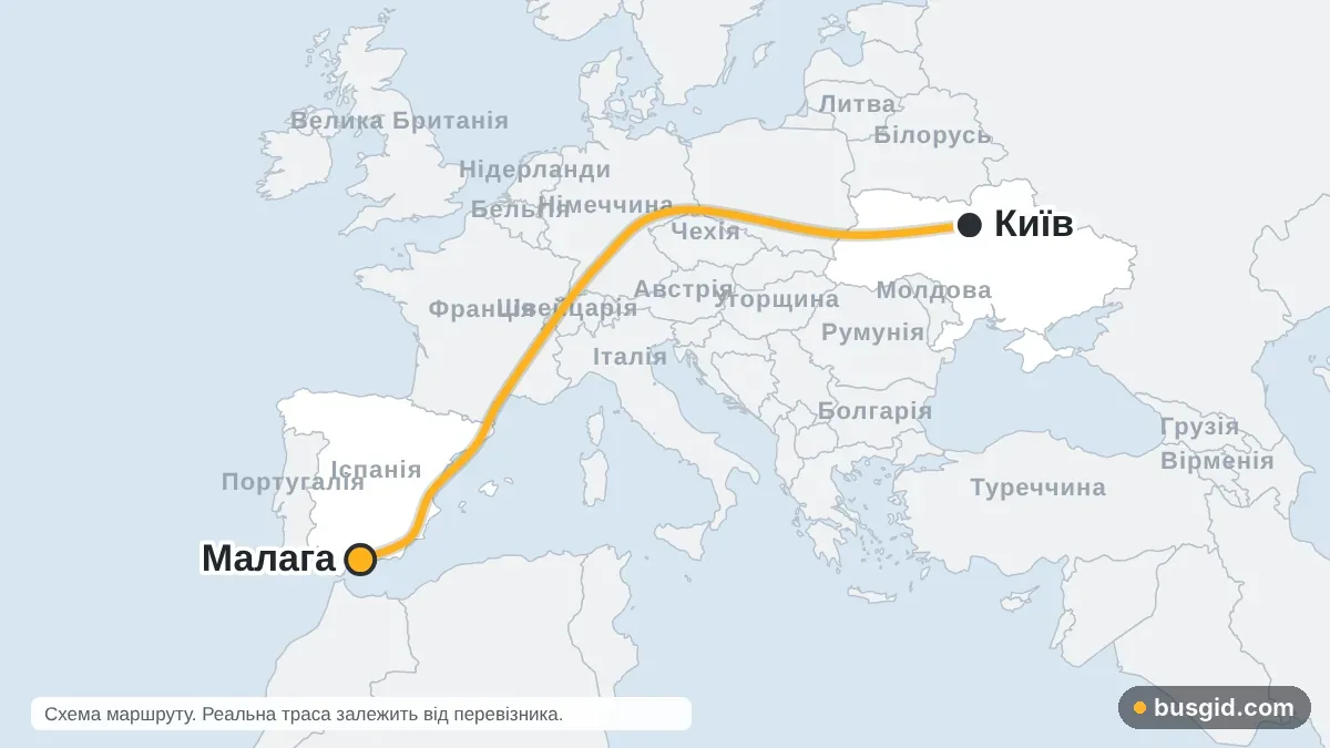 Карта автобусного маршруту Київ – Малага: Україна і Іспанія