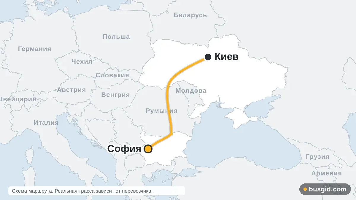 Карта автобусного маршрута Киев – София: Украина и Болгария