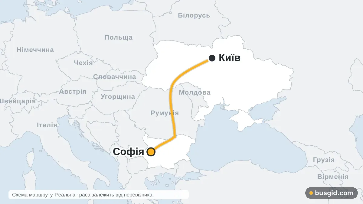 Карта автобусного маршруту Київ – Софія: Україна і Болгарія