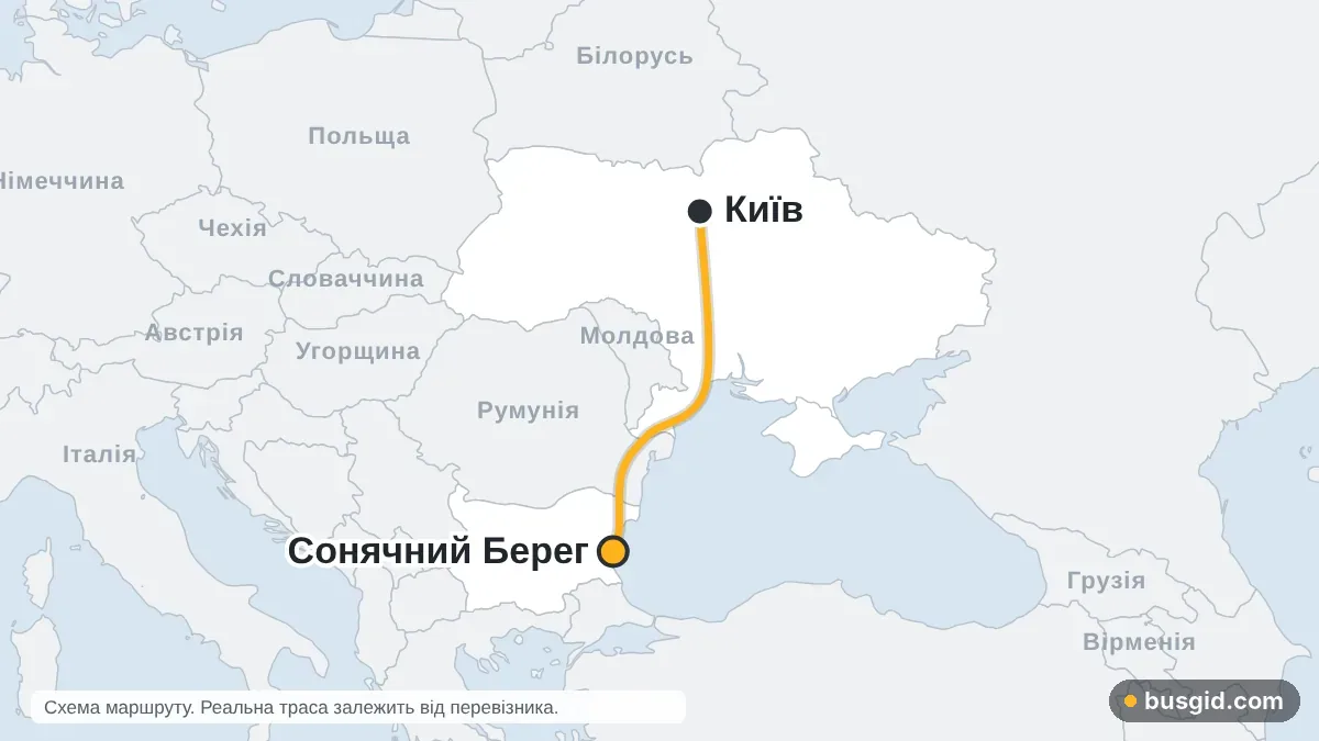 Карта автобусного маршруту Київ – Сонячний Берег: Україна і Болгарія
