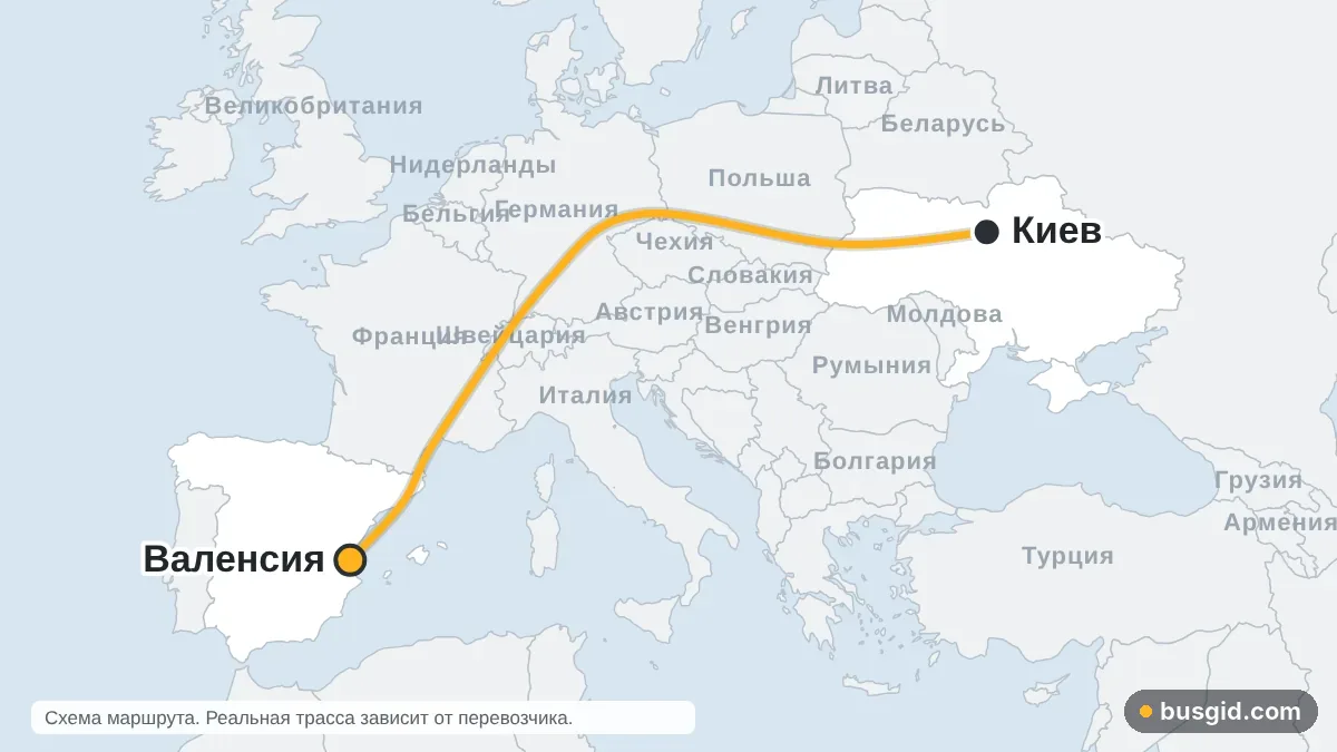 Карта автобусного маршрута Киев – Валенсия: Украина и Испания