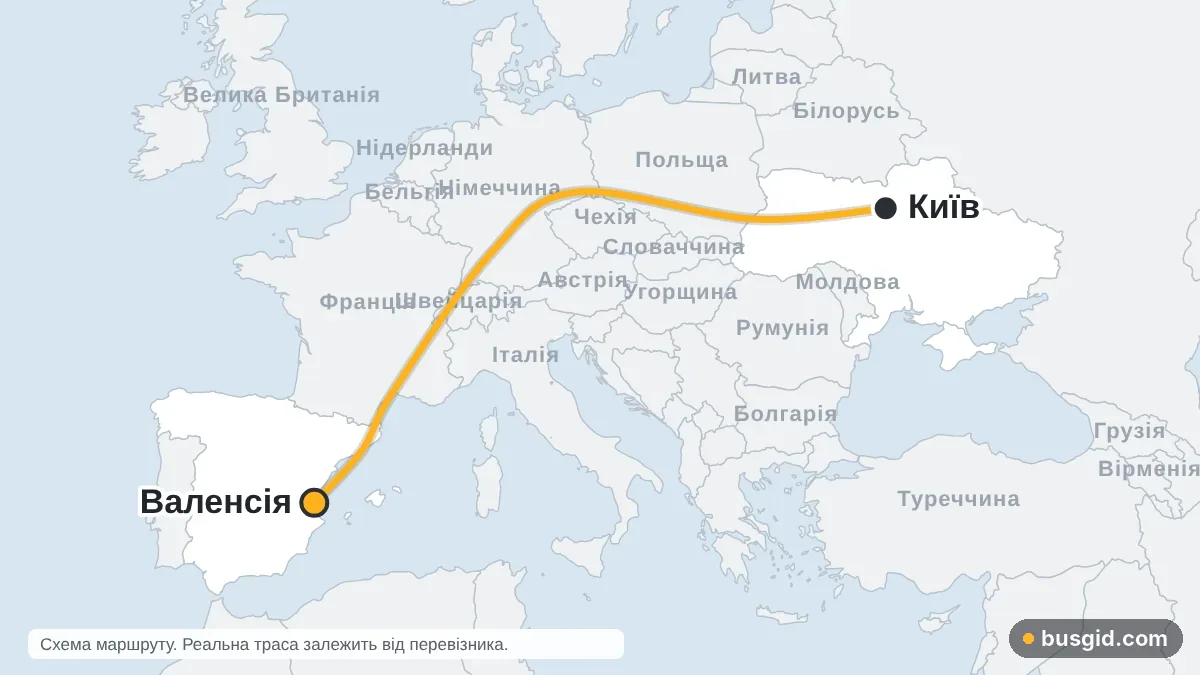 Карта автобусного маршруту Київ – Валенсія: Україна і Іспанія