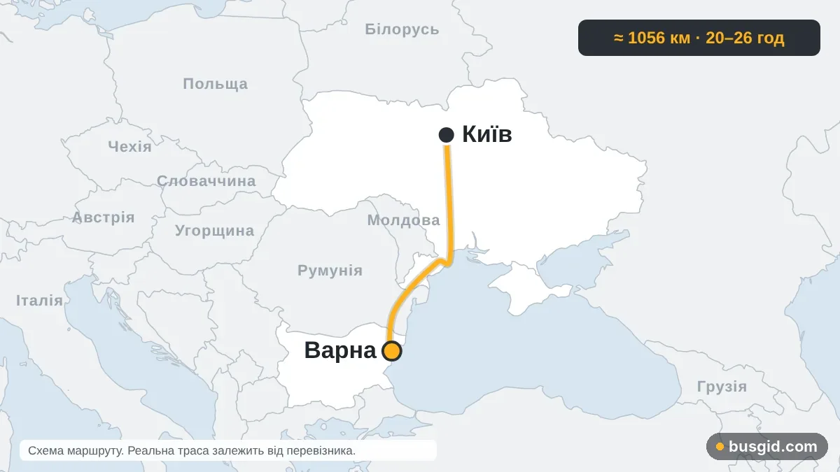 Карта автобусного маршруту Київ – Варна: Україна і Болгарія