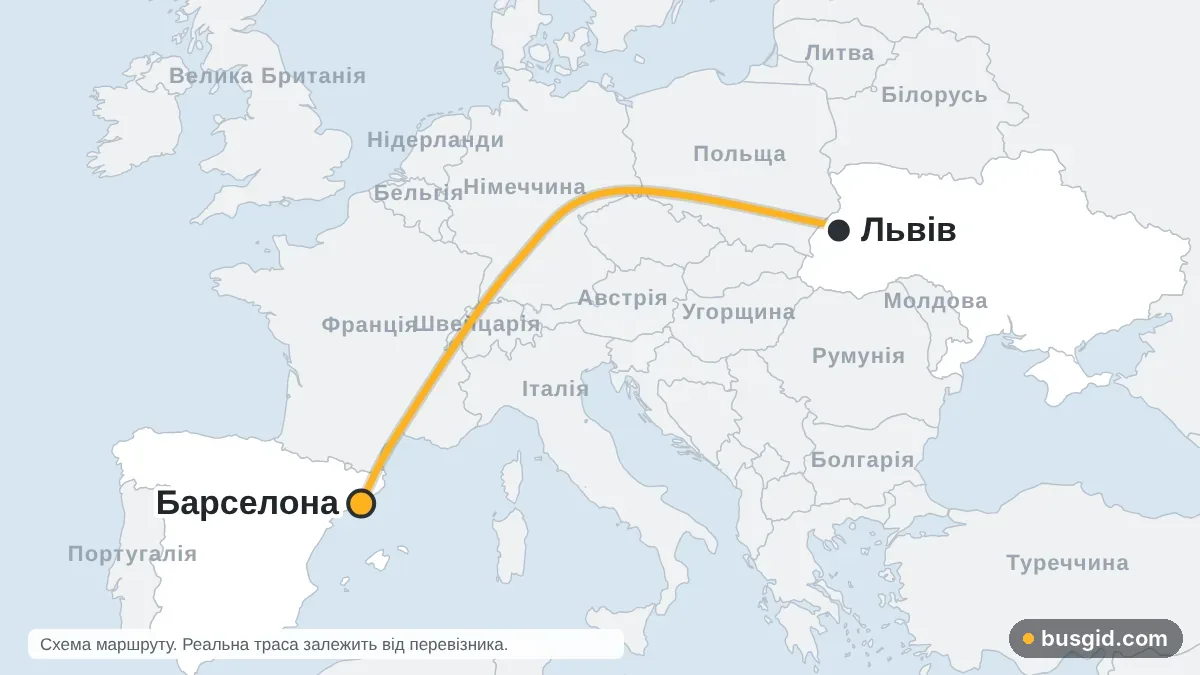 Карта автобусного маршруту Львів – Барселона: Україна і Іспанія