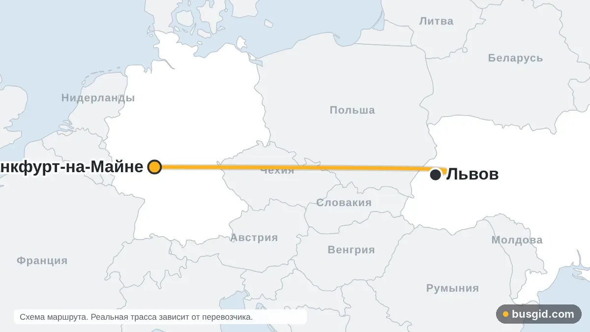 Карта автобусного маршрута Львов — Франкфурт-на-Майне: Украина и Германия