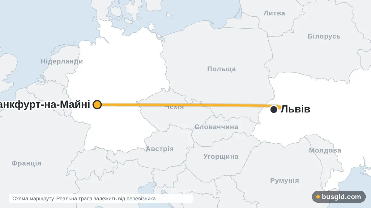 Карта автобусного маршруту Львів — Франкфурт-на-Майні: Україна і Німеччина