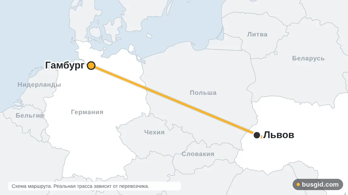 Карта автобусного маршрута Львов — Гамбург: Украина и Германия