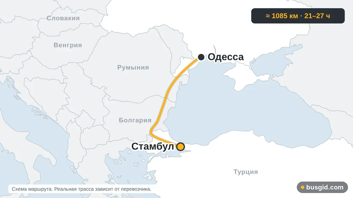 Карта автобусного маршрута Одесса — Стамбул: Украина и Турция