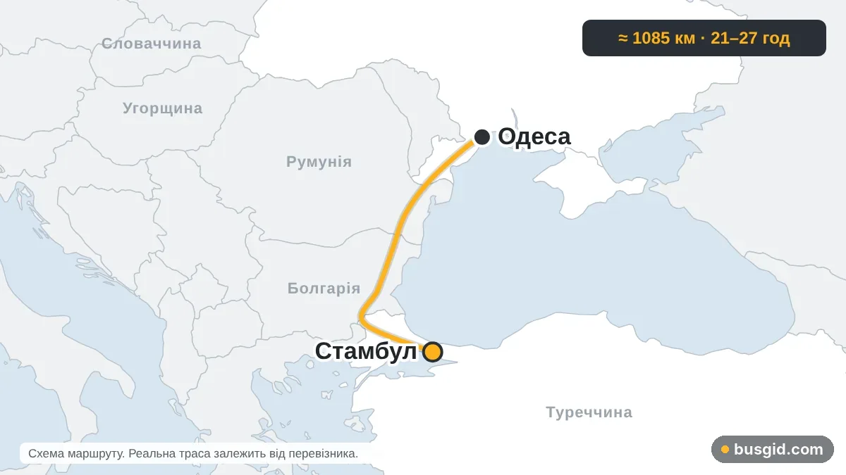 Карта автобусного маршруту Одеса — Стамбул: Україна і Туреччина
