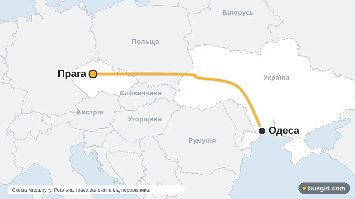 Карта автобусного маршруту Одеса — Прага: Україна і Чехія