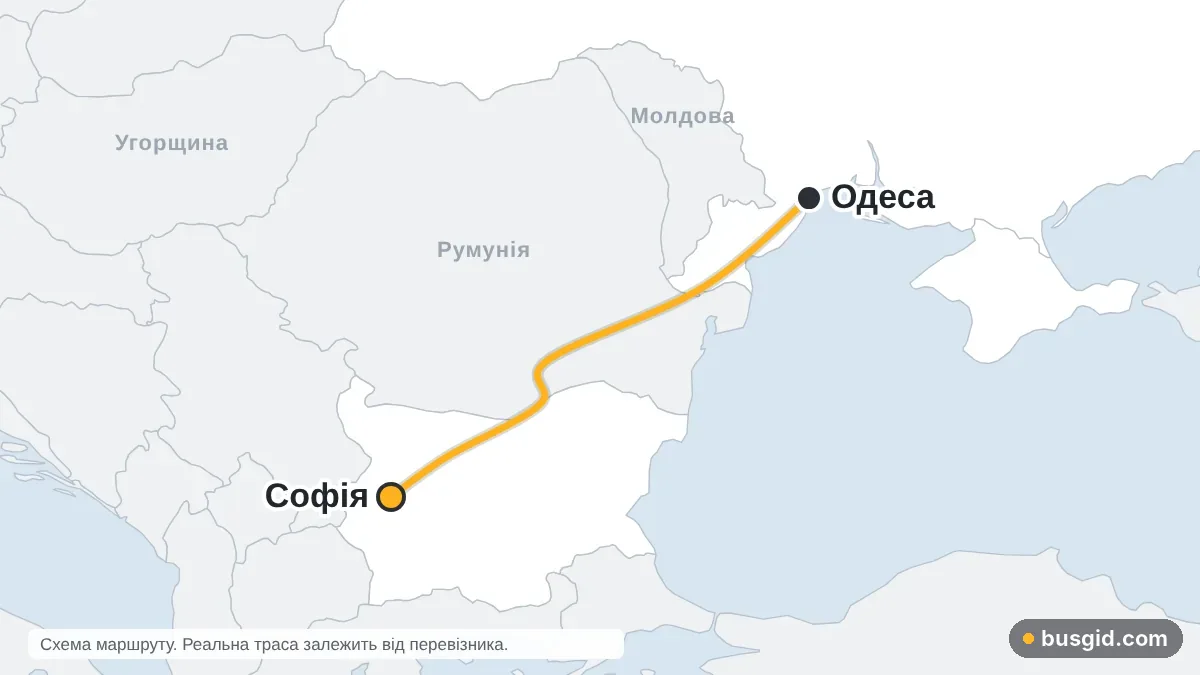 Карта автобусного маршруту Одеса – Софія: Україна і Болгарія