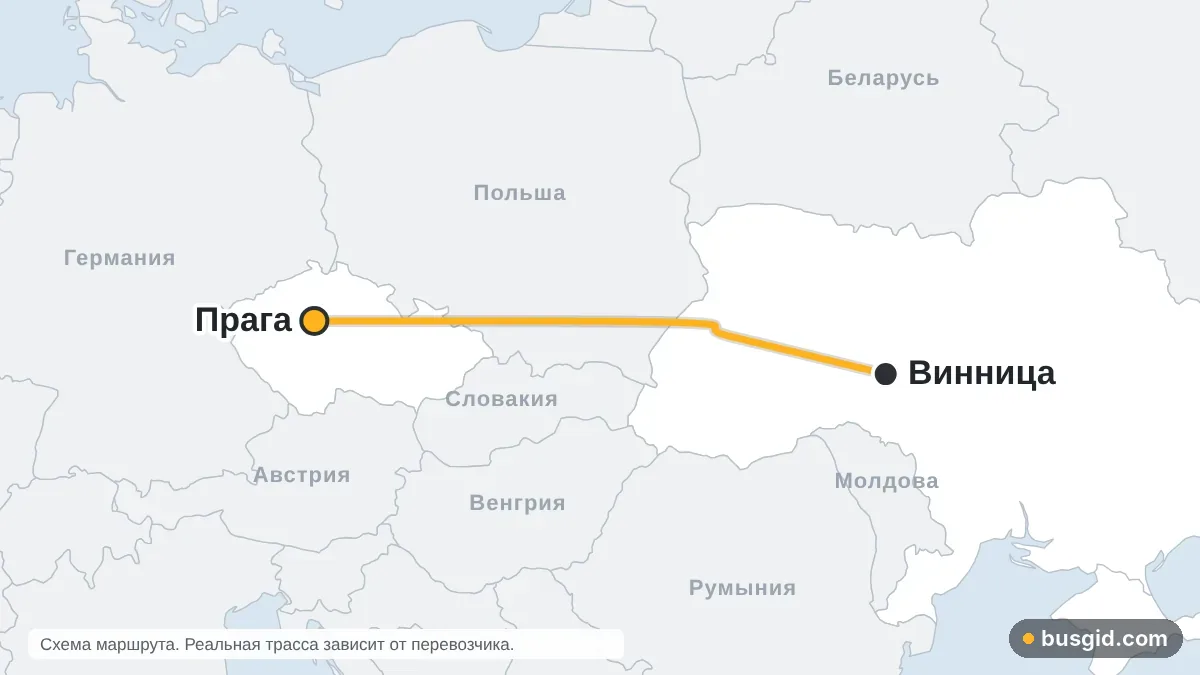 Карта автобусного маршрута Винница — Прага: Украина и Чехия