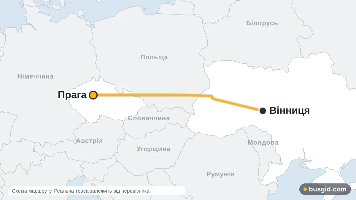 Карта автобусного маршруту Вінниця — Прага: Україна і Чехія