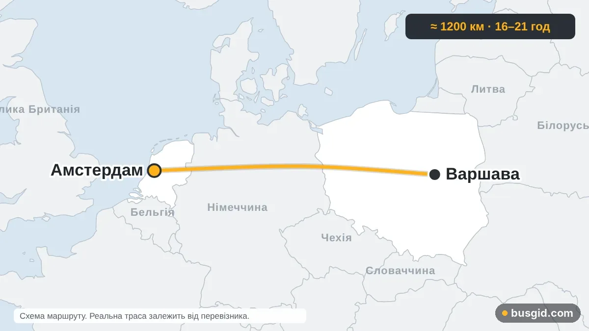 Карта автобусного маршруту Варшава — Амстердам: Польща і Нідерланди