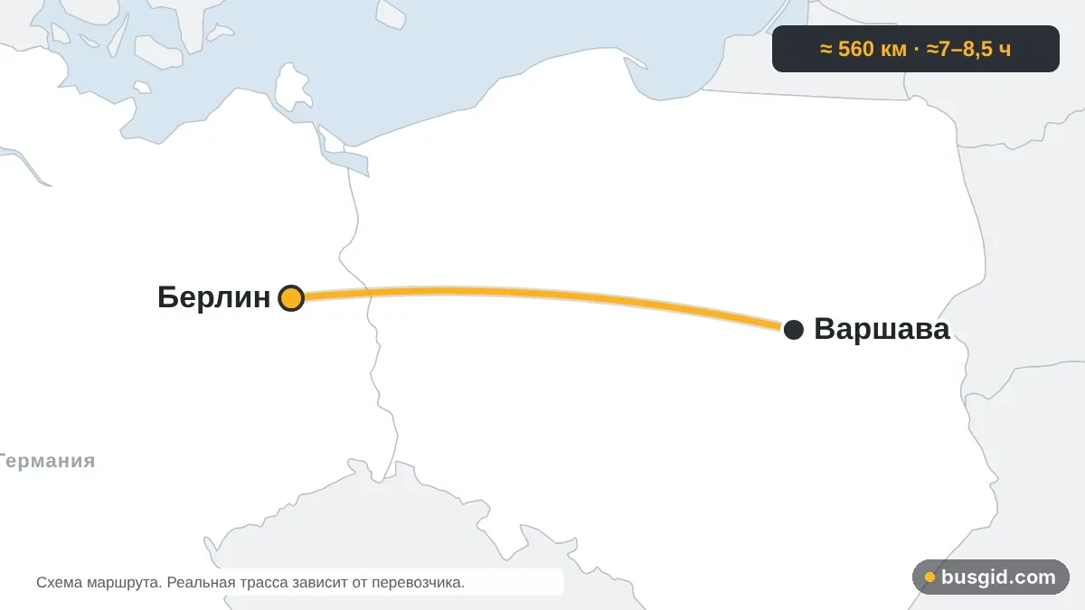 Карта автобусного маршрута Варшава — Берлин: Польша и Германия
