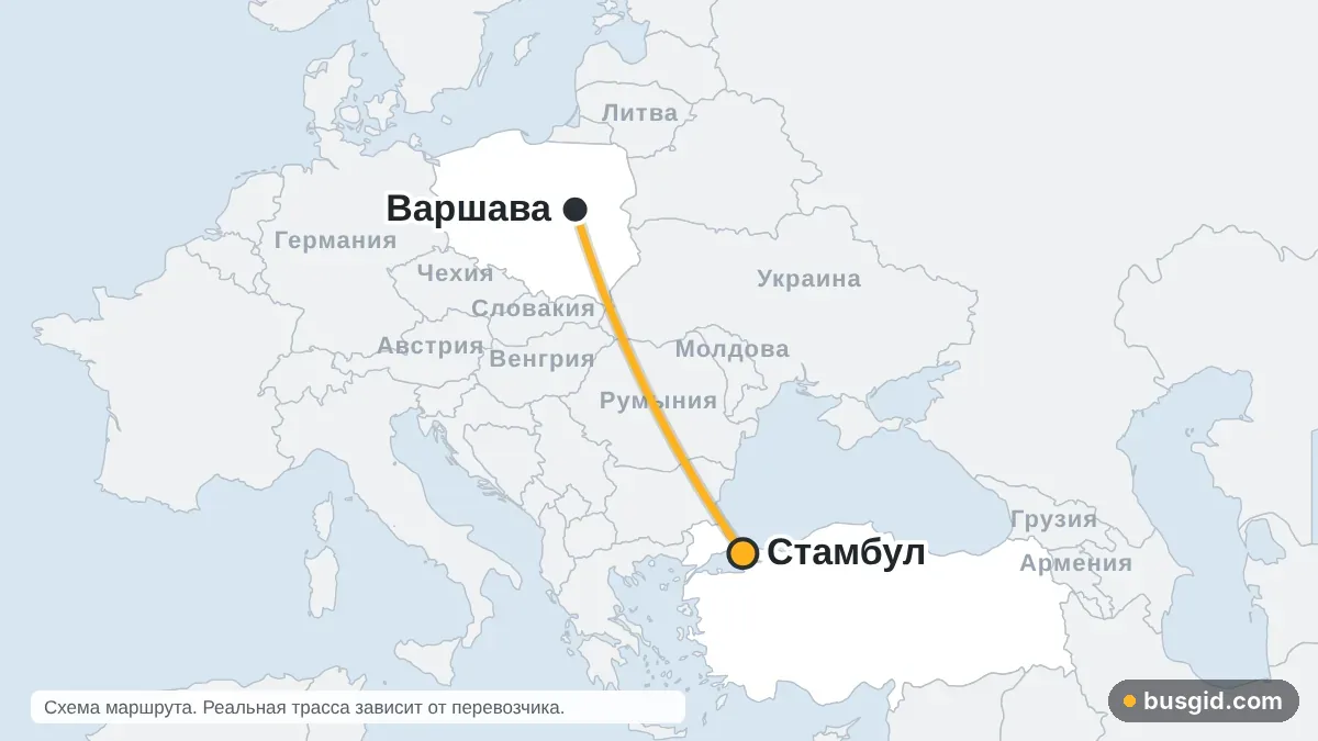 Карта автобусного маршрута Варшава — Стамбул: Польша и Турция