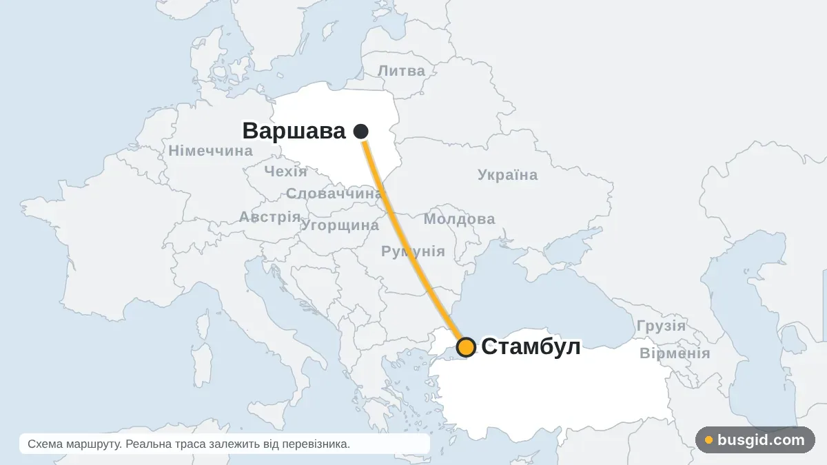 Карта автобусного маршруту Варшава — Стамбул: Польща і Туреччина