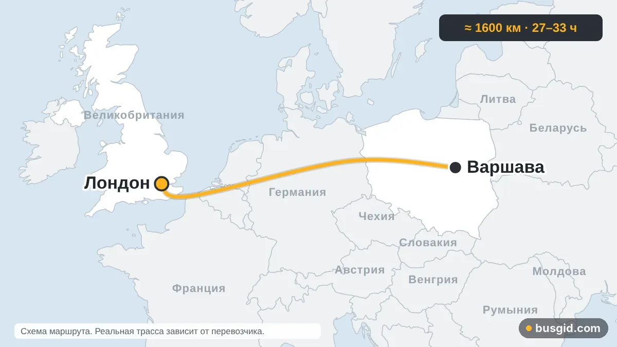 Карта автобусного маршрута Варшава — Лондон: Польша и Великобритания