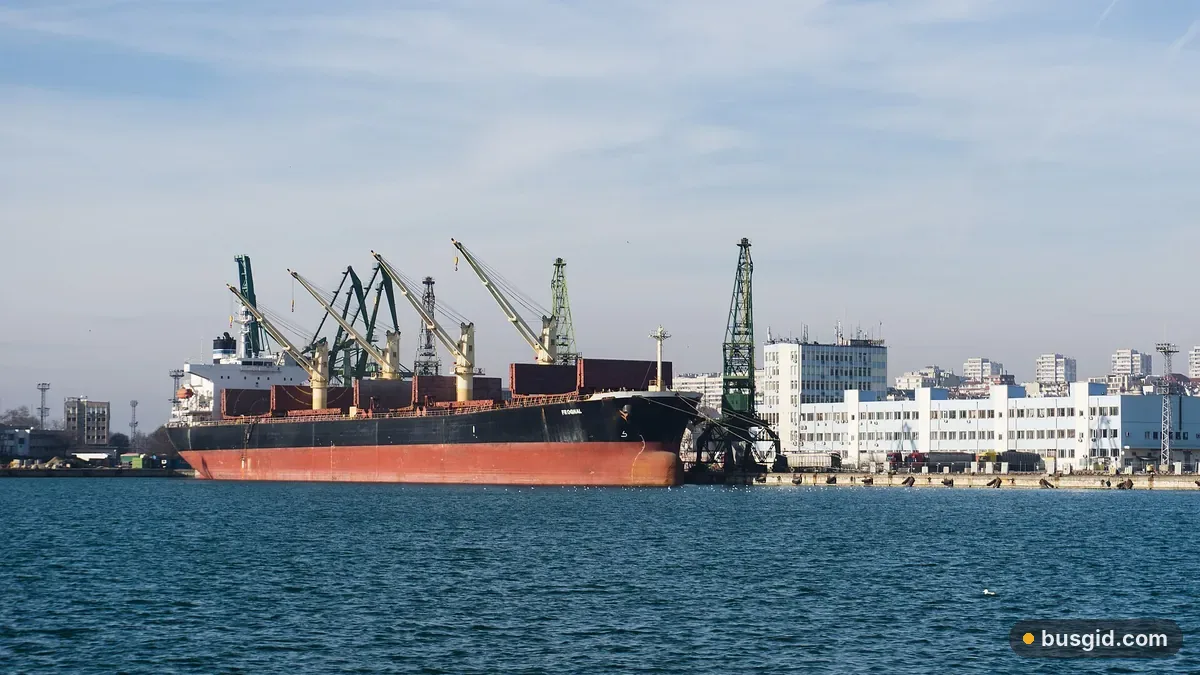 Грузовое судно у причала морского порта Варны с портовыми кранами и светлыми зданиями города на берегу